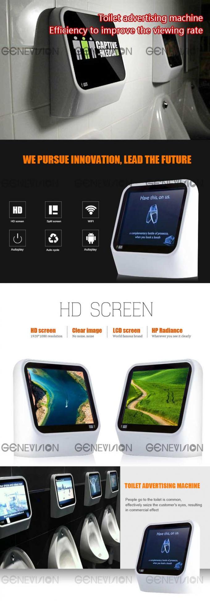Contrassegno dinamico fissato al muro dell'interno a 15 pollici di pubblicità del sistema di Android dello schermo della toilette dell'esposizione di pubblicità video
