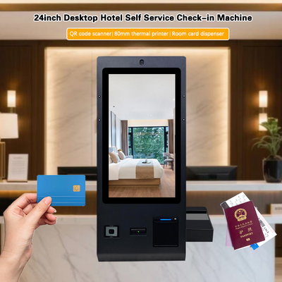 Chioschi di check-in OCR da 24 pollici con distributore di tessere per camera, scanner di codici QR, fotocamera e stampante